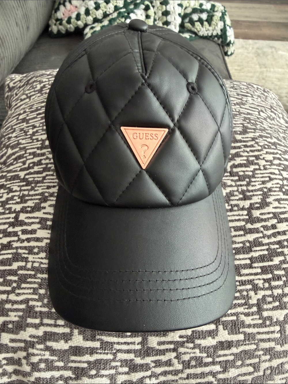 GUESS Black Quilted Leather-Style Baseball Cap with Tan Logo Badge